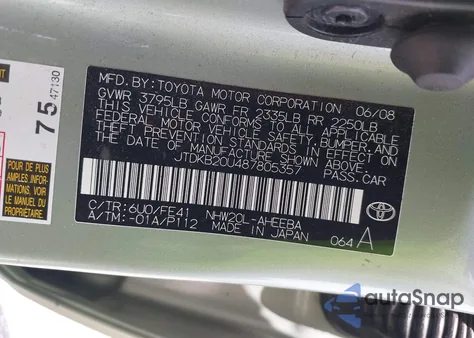 2008 Toyota Prius z USA, uszkodzony, nr VIN JTDKB20U487805357